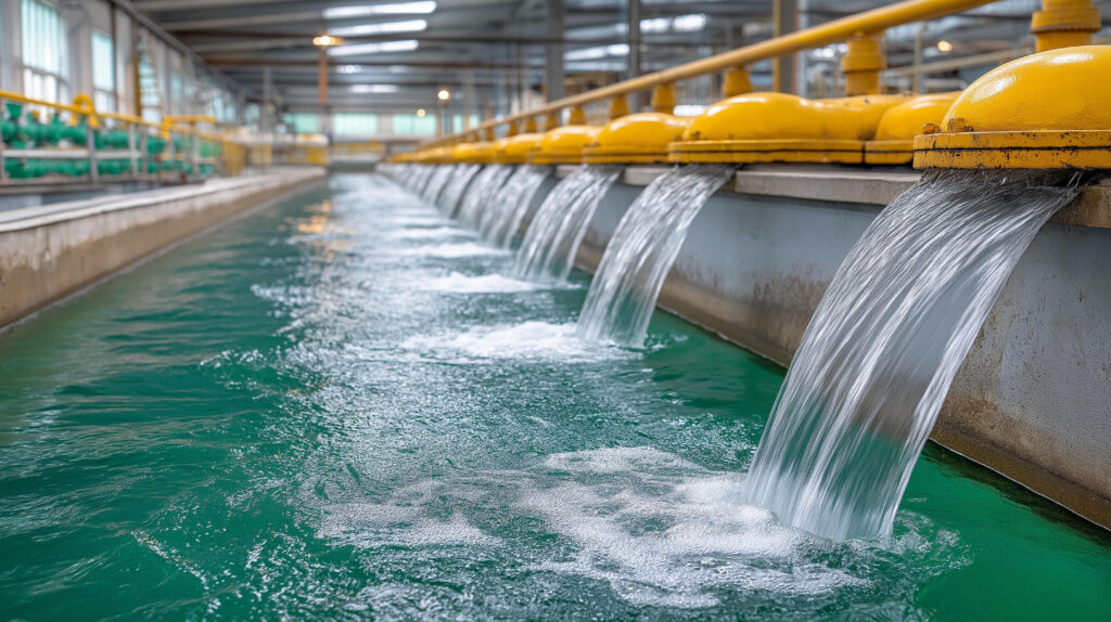 Rows of clear water cascade from yellow-topped spouts into a large indoor treatment pool, with industrial pipes and equipment visible in a brightly lit facility.