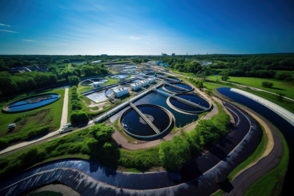 Aerial view of a large water treatment facility with multiple circular and rectangular tanks, surrounded by greenery and trees under a clear blue sky.