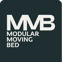 White text on a dark background reads “MMB MODULAR MOVING BED,” with “MVB” in large bold letters above the rest of the words.