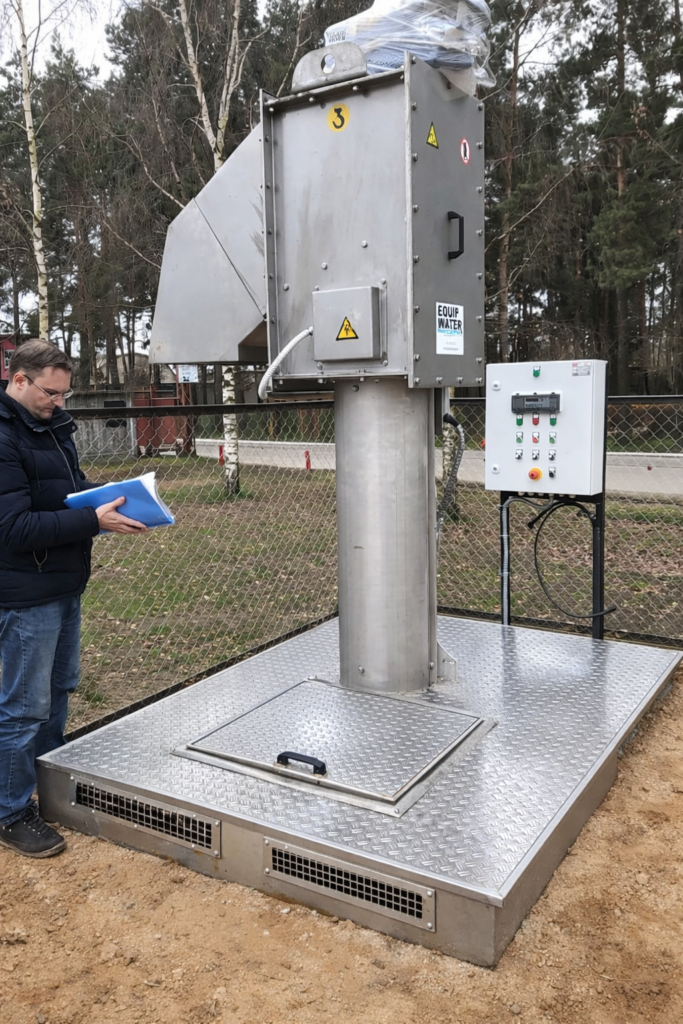 A man with documents stands next to a large stainless steel industrial machine and control panel on a metal platform outdoors, near a fenced wooded area.