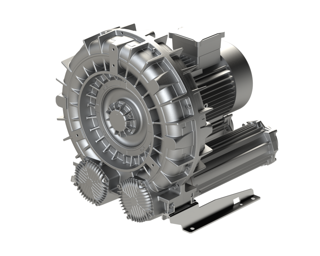 A metallic industrial blower or vacuum pump with a circular fan housing, cooling fins, and a mounted electric motor on a metal base, shown against a plain white background.