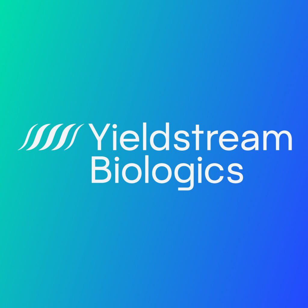 Yieldstream Biologics logo with white stylized waves above the company name, set against a blue-to-teal gradient background.